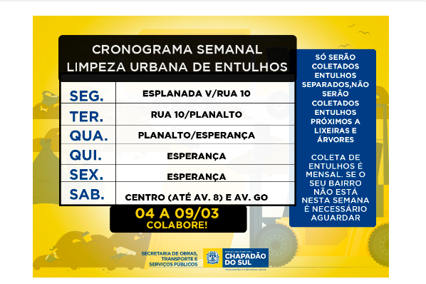 Imagem de compartilhamento para o artigo Confira o cronograma de limpeza urbana semanal de Chapadão do Sul; veja como descartar da MS Todo dia